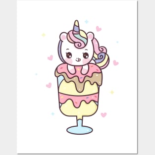 Cute Unicorn cartoon sweet dessert ice cream Pony child vector kawaii animal Posters and Art